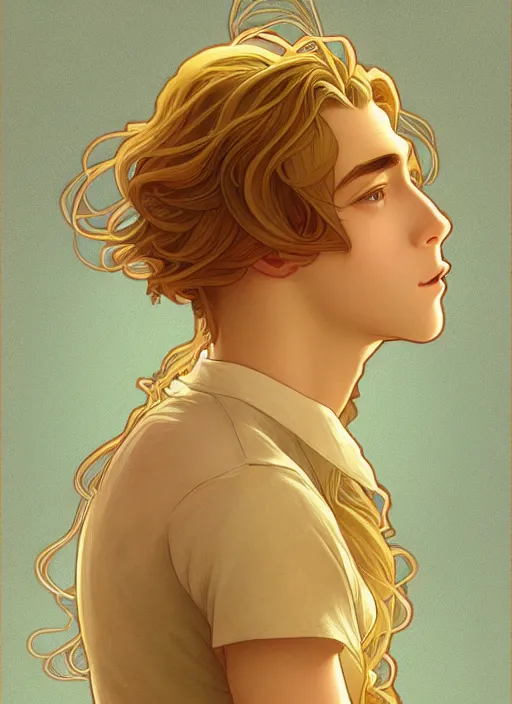 Image similar to pretty young man with shoulder length shiny shimmering golden blond hair, path traced, highly detailed, high quality, digital painting, by studio ghibli and alphonse mucha, leesha hannigan, disney