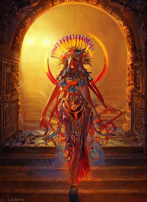 Prompt: aztec sun goddess in a temple, vivid colors, dark shadows, contrast, concept art, sharp focus, digital art, Hyper-realistic, 4K, Unreal Engine, Highly Detailed, Dramatic Lighting, Beautiful, by Brom, bastien lecouffe-deharme