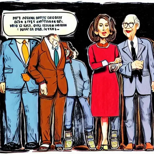 Image similar to The Artwork of R. Crumb and his Cheap Suit Mitch McConnell and Nancy Pelosi, pencil and colored marker artwork, trailer-trash lifestyle