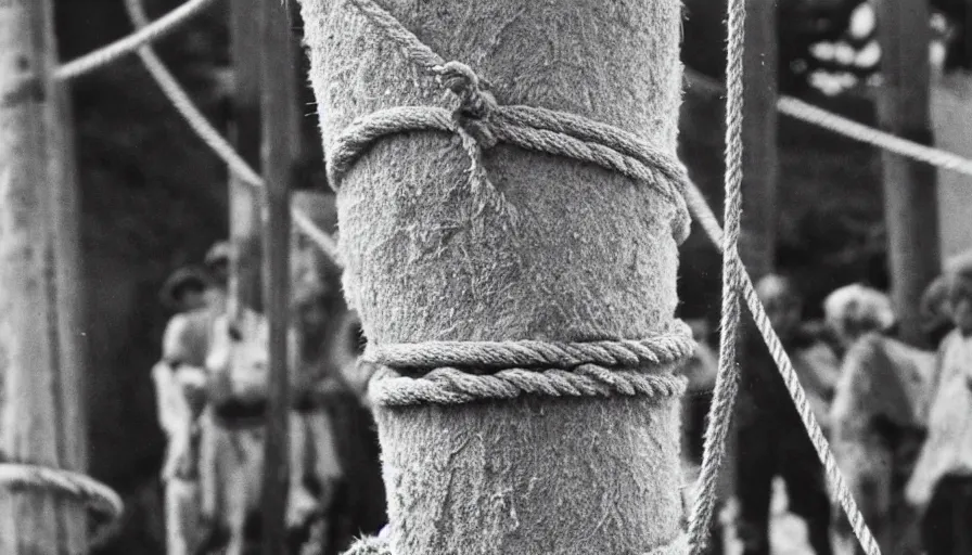 Image similar to 1 9 6 0 s movie still close - up of marcus atilius regulus tied with ropes at pole in direction of the burning sun with blood flowing off his eyes cinestill 8 0 0 t 3 5 mm b & w, high quality, heavy grain, high detail, texture, dramatic light, anamorphic, hyperrealistic, detailed hair