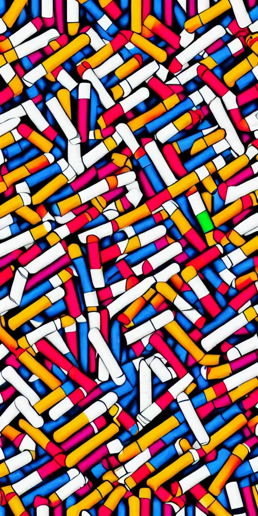 Prompt: seamless pattern of cigarettes, colourful, symmetrical, repeating 35mm photography