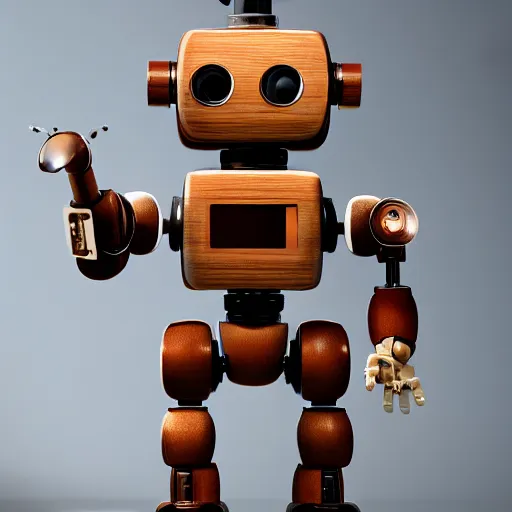 Prompt: ultra realistic 8k octan photo, wooden art toys on base cute robot , concept art ,comtenporary art gallery-n6