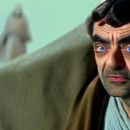 Image similar to Still of Mr. Bean as jedi master Obiwan kenobi!!!!. in Star Wars (1977). detailed eyes. medium shot, technicolor. light saber