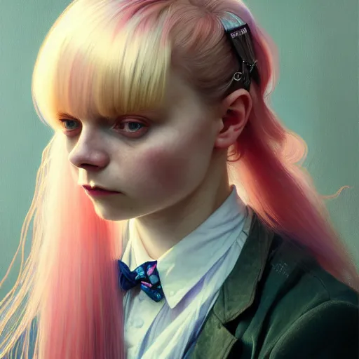 Image similar to portrait of a scottish teenage girl with pinkish blonde hair, glowing skin, awkward, nerdy, matilda lawler, dafne keen, fantasy, intricate, elegant, dress shirt, highly detailed, digital painting, artstation, concept art, smooth, sharp focus, illustration, art by Krenz Cushart and Artem Demura and alphonse mucha