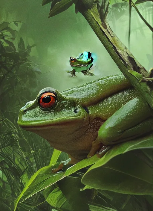 Image similar to a beautiful matte painting of a green frog in the jungle, kambo