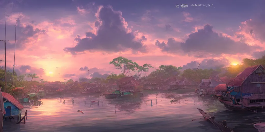 Image similar to pulau indah fishing town in the morning, detailed matte painting, studio ghibli, artstation