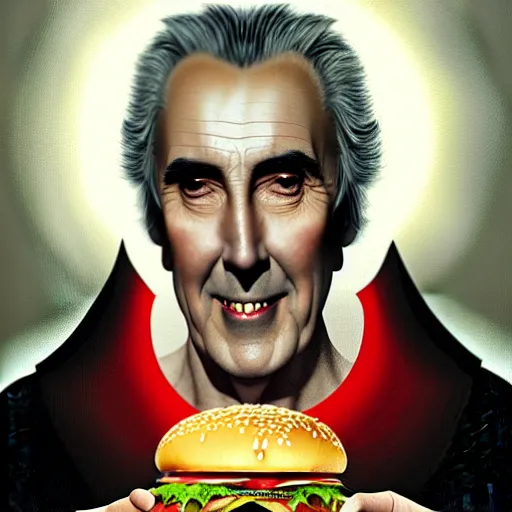 Prompt: portrait of Christopher Lee as Dracula eating hamburgers, advertising billboard, extra onions and ketchup, luscious patty with sesame seeds, ethereal, holy sacred light rays, handsome, D&D, fantasy, intricate, elegant, highly detailed, digital painting, artstation, concept art, matte, sharp focus, illustration, art by Artgerm and Greg Rutkowski and Alphonse Mucha