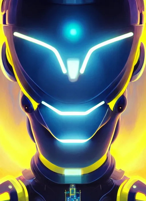 Image similar to symmetry!! portrait of a robot with big eyes, sci - fi, tech wear, blue and yellow glowing lights!! intricate, elegant, highly detailed, digital painting, artstation, concept art, smooth, sharp focus, illustration, art by artgerm and greg rutkowski and alphonse mucha