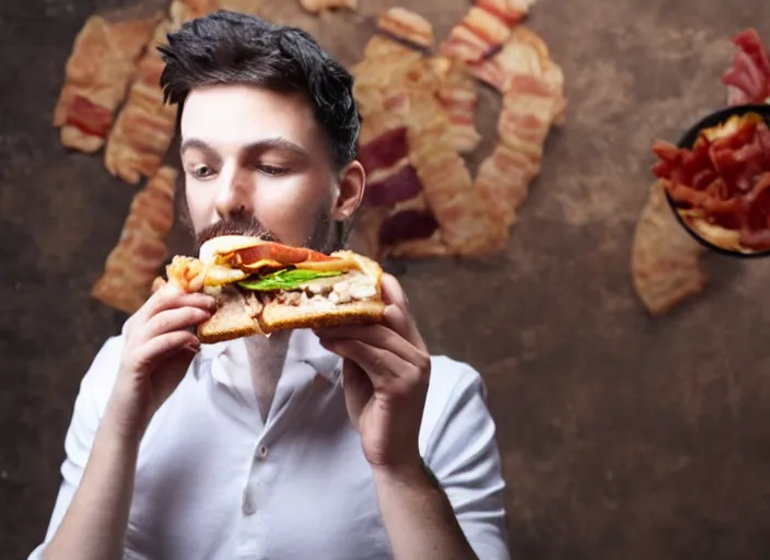 Image similar to Detrans man eating a chicken and bacon sandwich in a studio ghbli style