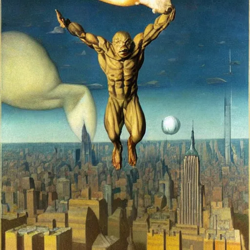 Image similar to ripped physique ultimate space villain super gollum flies above new york city with his bad breath lotr themes konstantin vasilyev grant wood jan van eyck john steuart curry