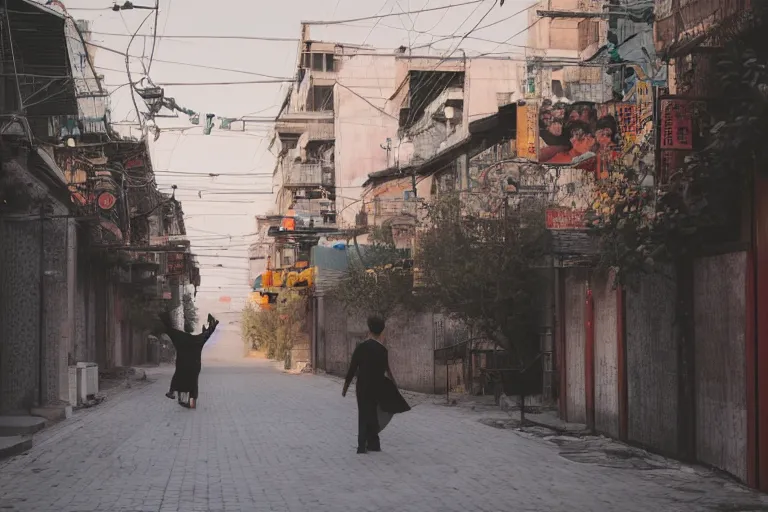 Image similar to A photograph of Two lovers walking on empty street in Beijing Hutong , golden time, capture ,quiet, joy, moving, warmth, light and shadow ,color photography.