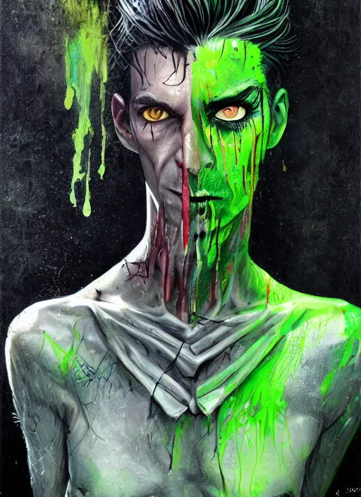 Image similar to a Demon Slayer portrait of Johnny Silverhand, tall, pale-skinned, slender with lime green eyes and long eyelashes by Stanley Artgerm, Tom Bagshaw, Arthur Adams, Carne Griffiths, trending on Deviant Art, street art, face enhance, chillwave, maximalist, full of color, glittering