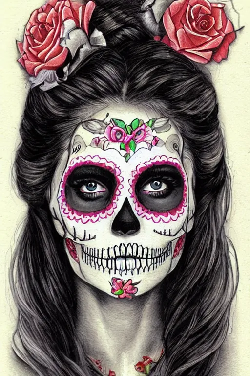 Prompt: Illustration of a sugar skull day of the dead girl, art by james gurney