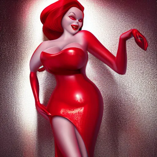 Prompt: photography beautiful flawless jessica rabbit in her red dress, femme fetal, darkroom, dramatic high contrast lighting like sin city, ultra - realistic, intricate detail, 8 k, octane render