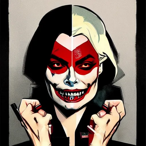 Prompt: Rafael Albuquerque art, Norman Rockwell, pretty Margot Robbie vampire, sharp teeth evil smile, holding handgun, symmetrical face symmetrical eyes, leather jacket, jeans, realistic hands