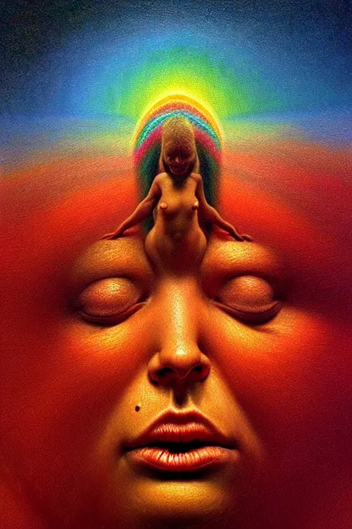 Image similar to hyperrealistic close-up Renaissance psychedelic!! celestial happy pure kind! creature!! peaceful! kind spirit of nature highly detailed concept art eric zener elson peter cinematic hard rainbow lighting high angle hd 8k sharp shallow depth of field, inspired by Zdzisław Beksiński