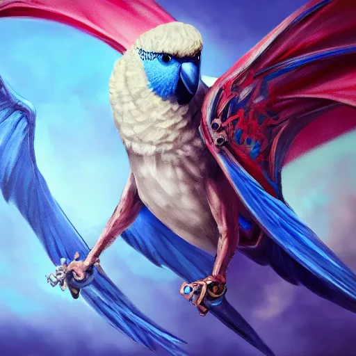 Image similar to an oil painting of a blue budgie with dragon wings, hd, hdr, ue 5, ue 6, unreal engine 5, cinematic 4 k wallpaper, 8 k, ultra detailed, high resolution, artstation, award winning