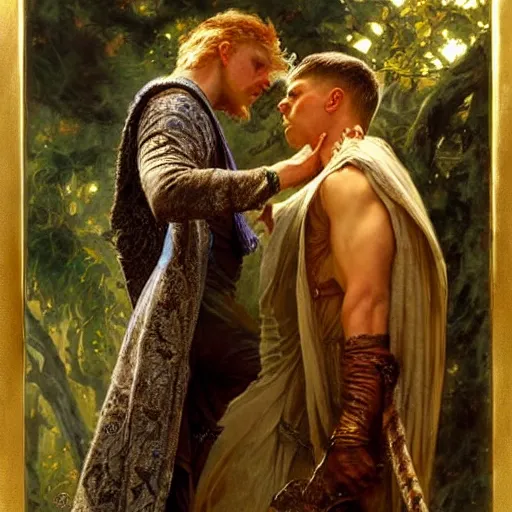 Image similar to stunning arthur pendragon in love with stunning male merlin the mage. they are close to each other. highly detailed painting by gaston bussiere, craig mullins, j. c. leyendecker