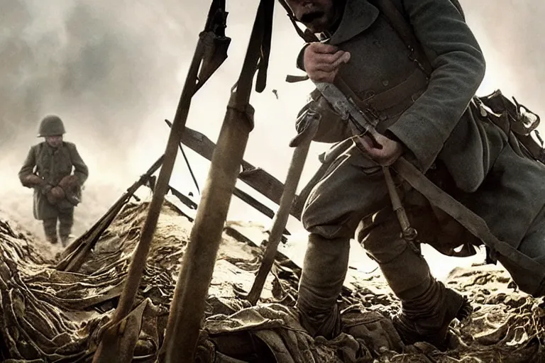 Image similar to jay baruchel as world war 1 soldier in the trenches, bullets whizzing past, cinematic lighting, high contrast, 4 k hdr imax cinematography by roger deakins, award winning shot, beautiful composition, principal photography, vfx action shot