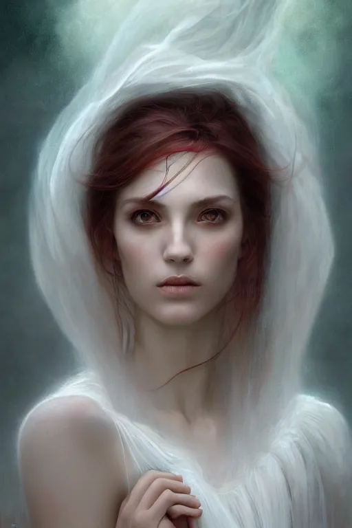 Image similar to portrait of white ghost, dark fantasy, gradient white red grey, dreamy and ethereal, green eyes, golden ratio, peaceful expression, lace, fantasy, intricate, elegant, stormy sky, highly detailed, digital painting, artstation, concept art, smooth, b sharp focus, illustration, art by artgerm and greg rutkowski and alphonse mucha