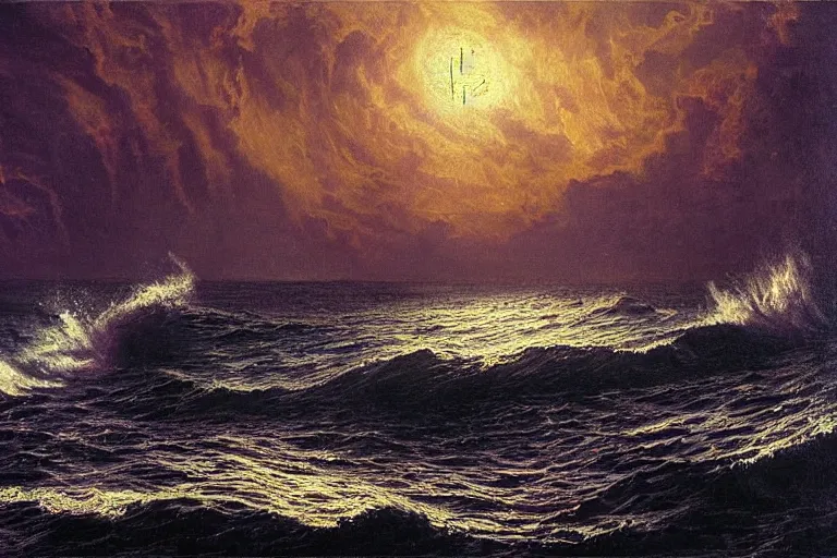 Prompt: miskatonic university big bang seascape in the style of dr. seuss,'harry potter directed by christopher columbus ', painting by albert bierstadt