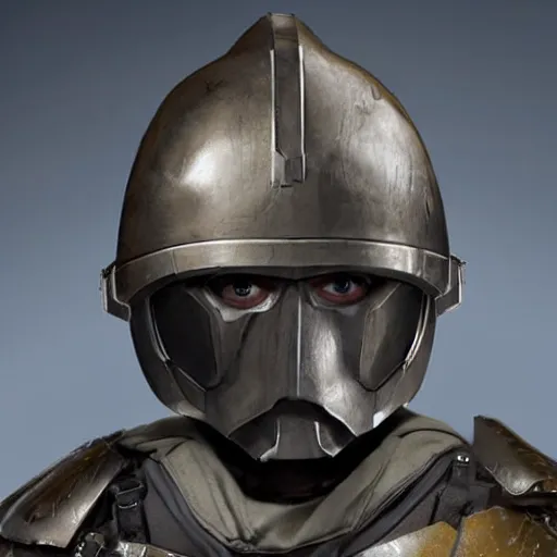 Prompt: photo of rowan atkinson in mandelorian armor helmet off, high res, realistic, high detail