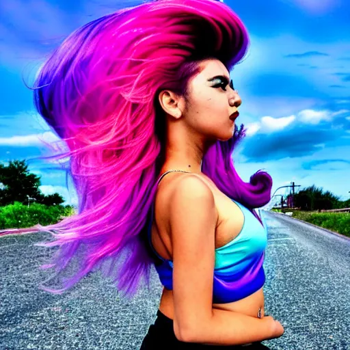 Image similar to a award winning full body shot of a beautiful woman in a croptop with a ombre purple pink teal hairstyle with head in motion and hair flying, outrun, vaporware, vivid colors, highly detailed, fine detail, intricate