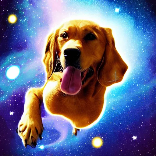 Image similar to digital painting of dog floating and pooping in space, nebula background, beautiful, hyper detailed