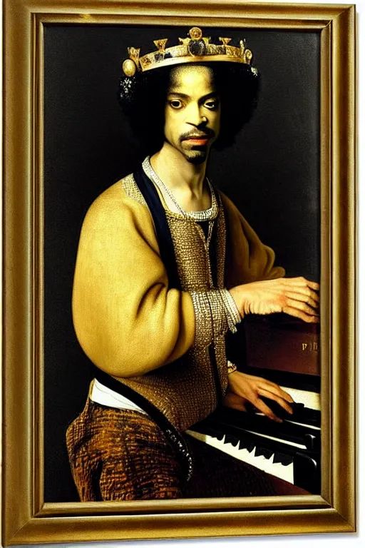 Prompt: high quality celebrity portrait of prince in a crown and sunglasses, musician prince seated at a piano, painted by the old dutch masters, rembrandt, hieronymous bosch, frans hals, symmetrical detail