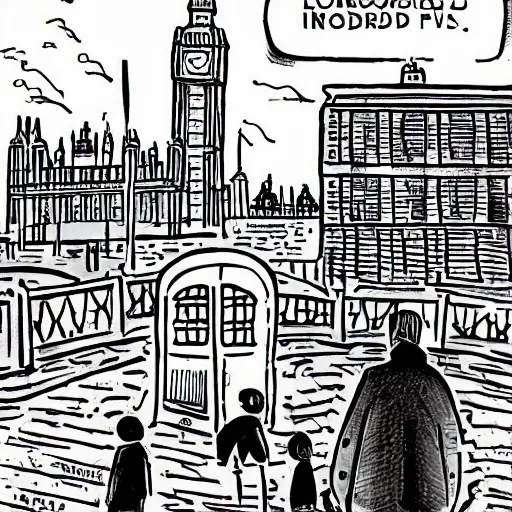 Image similar to a middle aged man explores london, cartoon