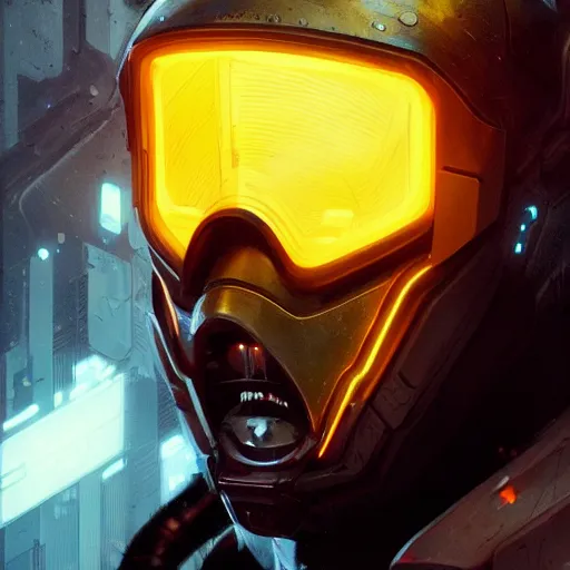 Image similar to yong boy destroyed to pieces with glowing yelow visor as a realistic scifi cyberpunk knight, closeup portrait art by james jean and greg rutkowski,, realistic face, like anime, digital art, trending on artstation, 8 k