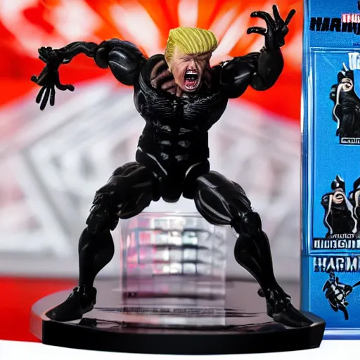 Prompt: action figure of Trump turning into Venom and shooting black web lines out of hair by Hasbro