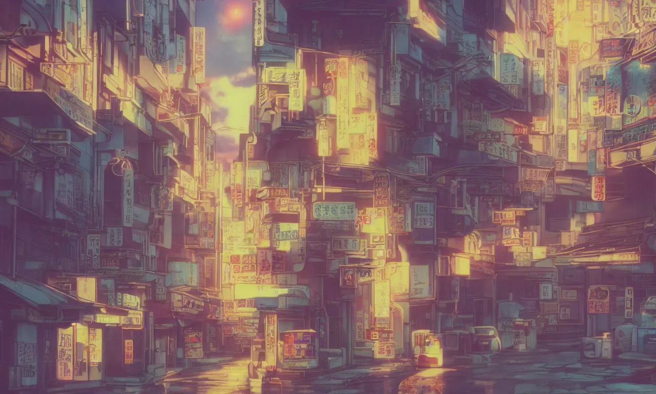 Image similar to A film still from a 1990s Sailor Moon cartoon featuring a moody street in Japan with a waterfall, lofi aesthetic, golden hour, cinematic look, film grain, high detail, high resolution, 8k