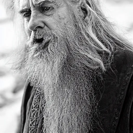 Prompt: shorter in stature than the other two ; but his long white hair, his sweeping silver beard, and his broad shoulders, made him look like some wise king of ancient legend. in his aged face under great snowy brows his eyes were set like coals that could suddenly burst into fire