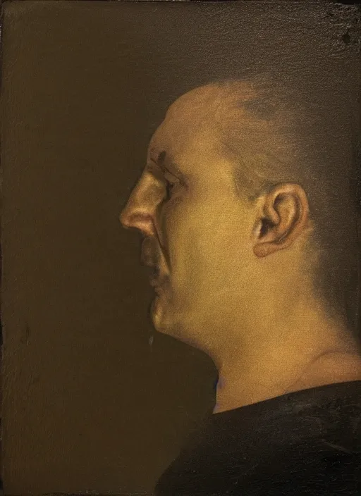 Prompt: a man's face in profile, made of epoxy resin, in the style of the Dutch masters and Gregory Crewdson, dark and moody