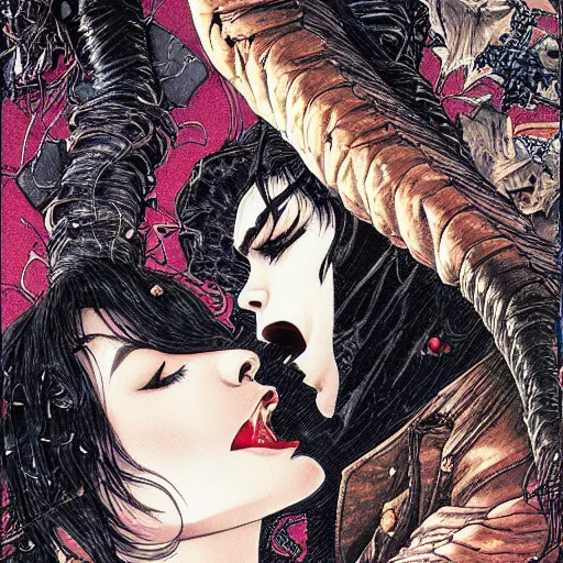 Image similar to closeup of vampire kiss, wax, by yoichi hatakenaka, masamune shirow, josan gonzales and dan mumford, ayami kojima, takato yamamoto, karol bak