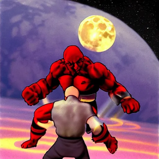 Image similar to picard fighting akuma from street fighter 2 at night with a full moon low in the sky
