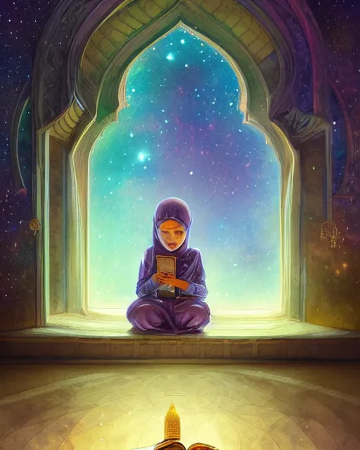 Image similar to bedouin child reading the quran inside of the mosque in the galaxy surrounded by nebula, highly detailed, gold filigree, romantic storybook fantasy, soft cinematic lighting, award, disney concept art watercolor illustration by mandy jurgens and alphonse mucha and alena aenami, pastel color palette, featured on artstation