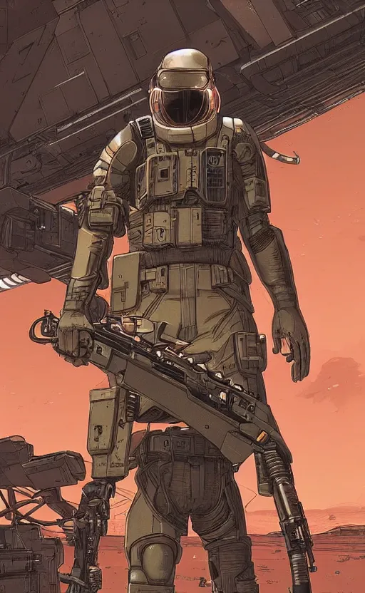 Image similar to a cyberpunk soldier with tactical gear and a rifle patrols a Japanese city on mars, Industrial Scifi, detailed illustration, character portrait, by Martin Grip and Moebius