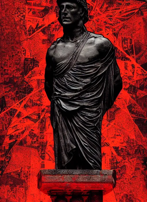 Image similar to design poster showing a statue of julius caesar, black background with very subtle red and purple design elements, powerful, nekro, graphic design, collage art, thin lines, dark, glitch art, neo vaporwave, gritty, layout frame, square, trending on artstation