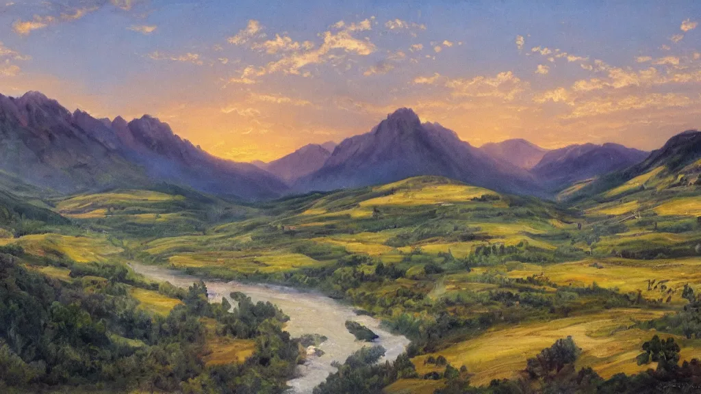 Prompt: The most beautiful panoramic landscape, oil painting, where the mountains are towering over the valley below their peaks shrouded in mist. The sun is just peeking over the horizon producing an awesome flare and the sky is ablaze with warm colors and stratus clouds. The river is winding its way through the valley to an ancient italian village, some smoke comes out of the village, the trees are starting to turn yellow and red, by Greg Rutkowski, aerial view