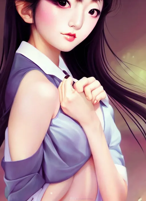 Prompt: glamorous and sexy japanese schoolgirl in chemisier, beautiful, pearlescent skin, natural beauty, seductive eyes and face, elegant girl, lacivious pose, natural beauty, very detailed face, seductive lady, full body portrait, natural lights, photorealism, summer vibrancy, cinematic, a portrait by artgerm, rossdraws, Norman Rockwell, magali villeneuve, Gil Elvgren, Alberto Vargas, Earl Moran, Enoch Bolles