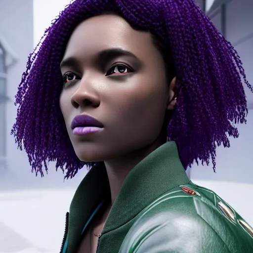 Image similar to black woman, hairstyle = short bob, hair colour = light grey, eyes = purple, wearing dark green bomber jacket, realistic 4 k octane beautifully detailed render, 4 k post - processing, highly detailed, intricate complexity, epic composition, magical atmosphere, cinematic lighting, masterpiece, ultra hd