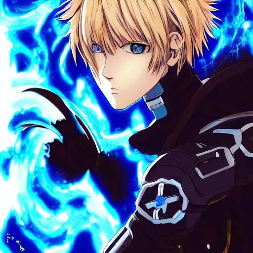 Image similar to portrait of the genos blue flame arms mode, anime fantasy illustration by tomoyuki yamasaki, kyoto studio, madhouse, ufotable, comixwave films, trending on artstation