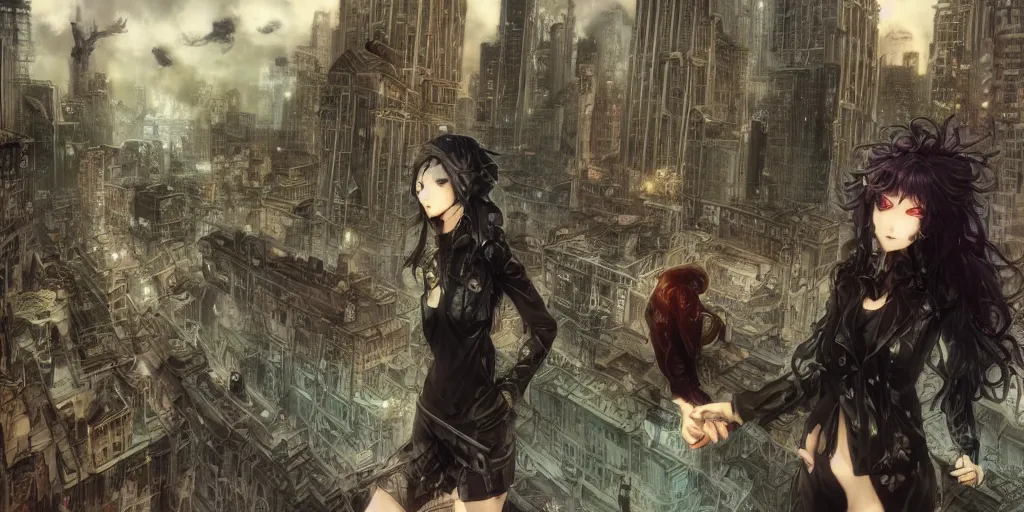 Image similar to goth woman in front of city, color page, tankoban, 4 k, tone mapping, akihiko yoshida, james jean andrei riabovitchev marc simonetti, yoshitaka amano, long hair, curly, h. hydrochaeri