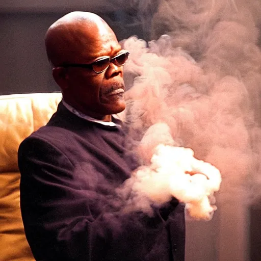 Image similar to samuel jackson getting arrested while exhaling a cloud of smoke, candid photography