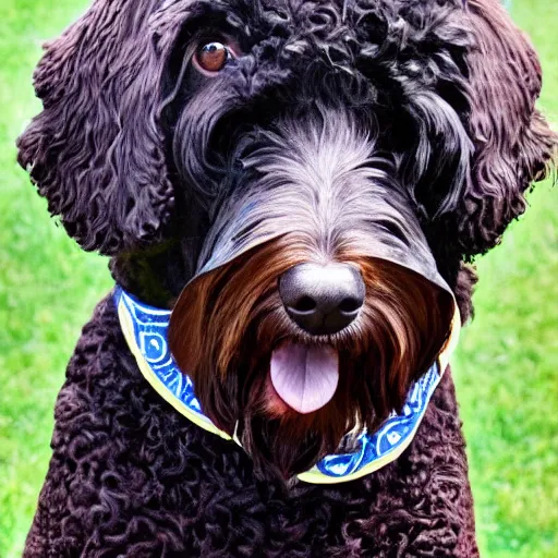 Prompt: black labradoodle with a bandana on