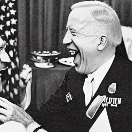 Image similar to “ very photorealistic photo of hitler and joe biden laughing together, award - winning details ”