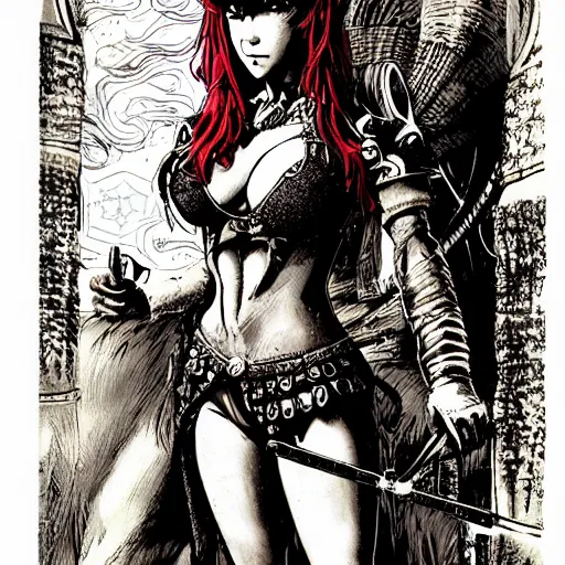 Prompt: precisely drawn illustration of anime red sonja, old-fashioned tarot card, victorian playing card, sepia tone, wide angle, sharp, fine details, anime, manga, cyberpunk, intense line art, 8k, precise linework, realistic, shaded lighting by katsuhiro otomo ghost-in-the-shell, magali villeneuve, artgerm, rutkowski Jeremy Lipkin and Giuseppe Dangelico Pino and Michael Garmash and Rob Rey