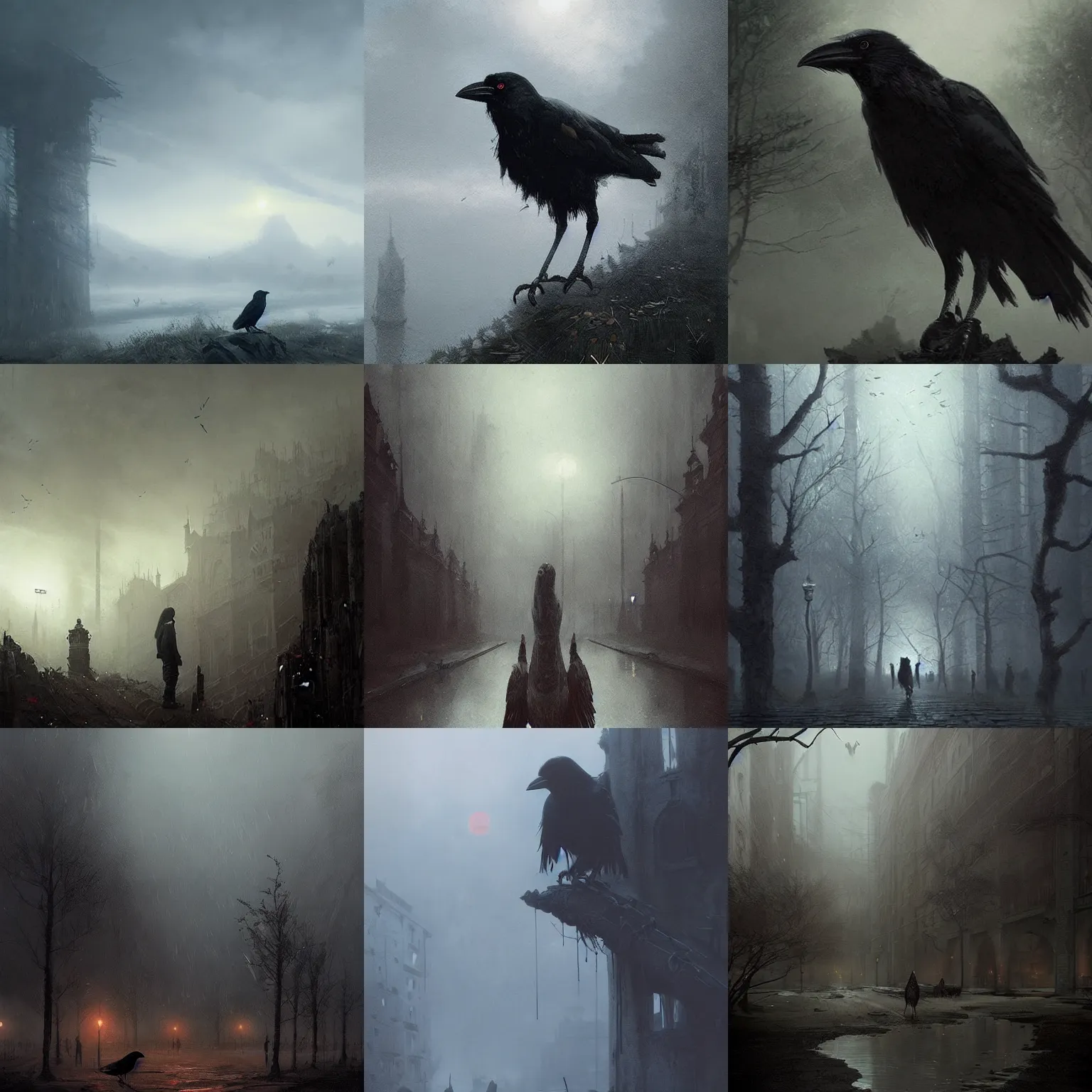 Prompt: crow cawing. atmospheric lighting. foggy background. highly detailed matte painting by greg rutkowski.